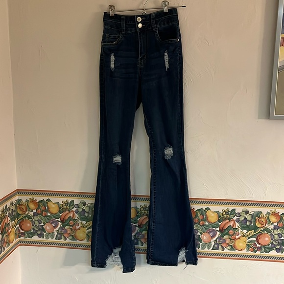 Refuge Denim Denim - Refuge Denim Double Button Distressed Flare Jeans, Size 3(Juniors), Blue Denim